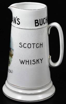 An early 20thC Buchanan's Red Seal Scotch Whisky water jug, with an upper named banding and transfer printed hunting scene to the cylindrical body on a stepped circular gilt lined foot, Beardmore Fenton printed marks beneath, no. 225, 19.5cm H. - 3