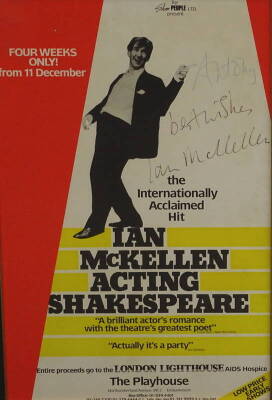 After Tomson (20thC). Ian McKellen Acting Shakespeare - The Playhouse, coloured poster signed by the actor, 50cm x 32cm.