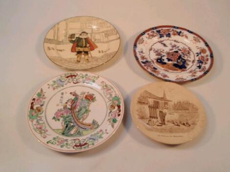 Four plates, French Sarreguemines, Royal Doulton Sir Toby Belch, Chinese