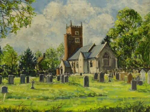 John Smith (1934-2018). Kirkington Church, oil on canvas, signed, dated 1991, and titled verso, 29.5cm x 39.5cm, and three other works (4).