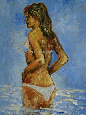 John Smith (1934-2018). Woman in a bikini, oil on board, 91cm x 71cm, and four other works (5).