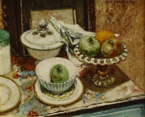 Peter Brannan (1926-1994). Kitchen still life, oil on board, signed, dated (19)86 and titled verso, 16.5cm x 19.5cm.