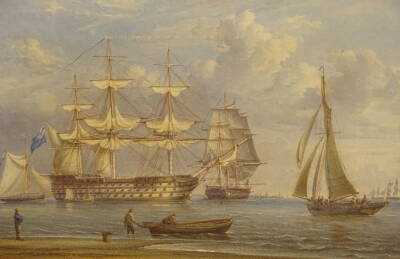 William Joy (1803-1867) and John Cantiloe Joy (1803-1867). Man o' War and other shipping, watercolour, 28cm x 40cm.