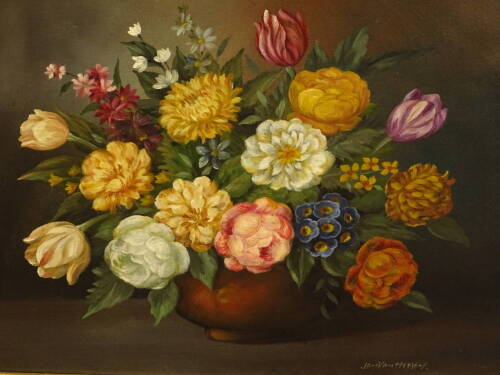 Jan Van Neeson (20thC). Flower piece, oil on canvas, signed and titled (verso), 39.5cm x 49.5cm.