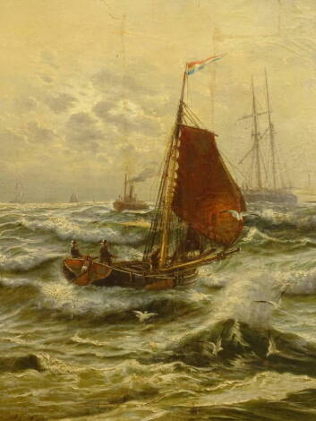 Edwin Henry Eugene Fletcher (1857-1945). Fishing boat, masted ships and steamer off the coast, oil on canvas laid on board, signed John Hayes, 91cm x 70cm.