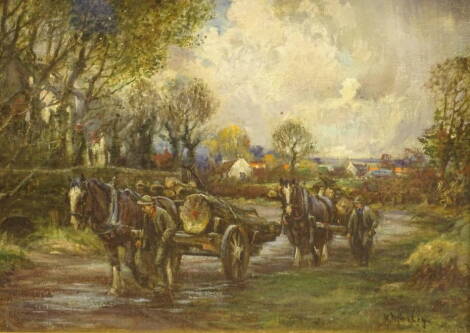 Henry Morley (1869-1937). Wood cutting, oil on canvas, signed, 29cm x 39cm.