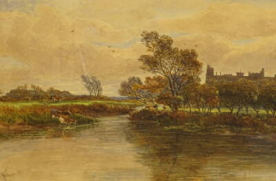 John Steeple (1823-1887). River landscape with country house in the background, watercolour, signed and dated 1886, 48cm x 69cm.