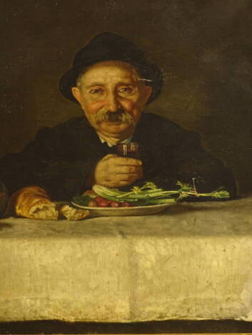 19thC Continental School. Study of an old man - lunchtime, oil on canvas, 51cm x 39cm.