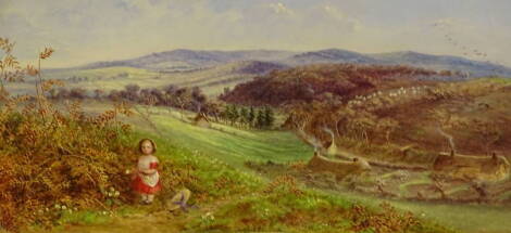 Ellen Cantelo (fl 1859). Young child picking flowers in country landscape, oil on tin panel, signed, 22cm x 48cm.