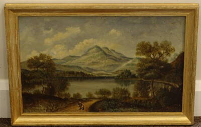 19thC School. Mountain lake scene with figures, oil on board, 29.5cm x 49.5cm. - 2