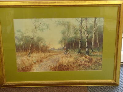 John Gutteridge Sykes (1866-1941). Mother and daughter along a woodland path, watercolour, signed, 46cm x 71cm. - 2