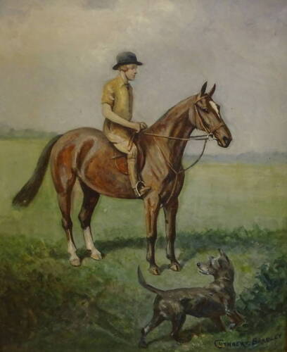 Cuthbert Bradley (1861-1943). Young woman on horse back with a dog in the foreground, watercolour, signed, 25cm x 20cm.