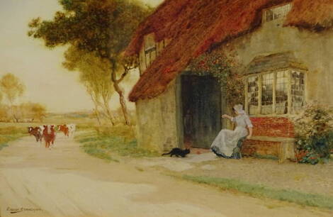 Arthur Claude Strachan (1865-c1938). Country lane with maiden and cat, watercolour, signed, 17cm x 26cm.