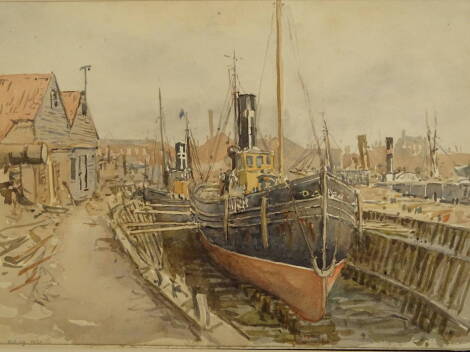 Cecil Westland Pilcher (1870-1943). Docks Yarmouth, watercolour, dated Oct 1931, 27cm x 38cm.