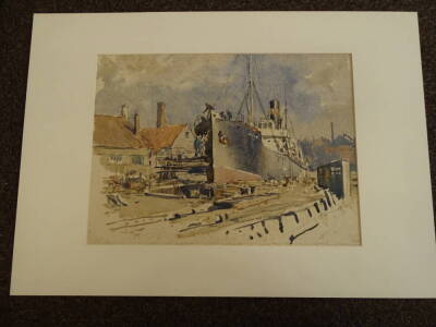 Cecil Westland Pilcher (1870-1943). Steampship in dock, watercolour, signed and dated 1930, 28cm x 38cm. - 2