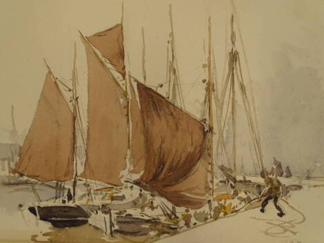 Cecil Westland Pilcher (1870-1943). Sailing ships on quayside, watercolour, dated Oct 29 (19)34, 22cm x 30cm, and two others (3).