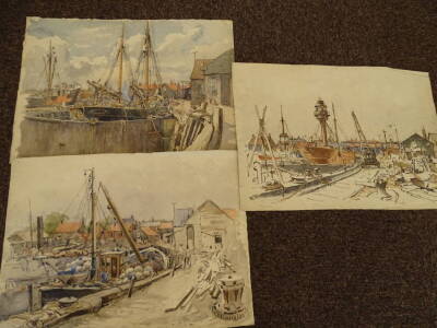 Cecil Westland Pilcher (1870-1943). Yarmouth on the East coast, watercolour, titled verso, 29cm x 38.5cm, and two others (3). - 2