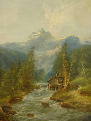 20thC Continental School. Alpine river scene with watermill and figure, oil on canvas, indistinctly signed, 91cm x 66cm.