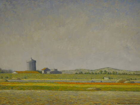 Reinder Visscher (1904-1973). Farmland Watertoren (Katwyk), oil on canvas, signed and titled verso, 49cm x 63.5cm.