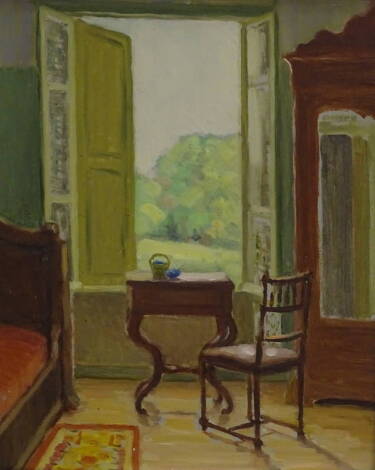 Attributed to Michel Dzubenko (20thC). Interior scene, open window, oil on board, 39.5cm x 32cm.