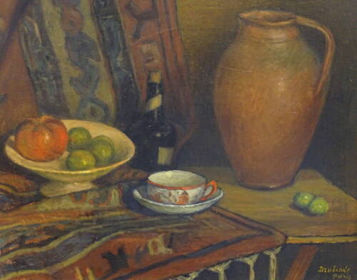 Michel Dzubenko (20thC). Jug, tea cup saucer, fruits, oil on canvas, signed (Paris), 44.5cm x 53cm.