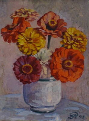 J. Rays (20thC). Floral still life, oil on board, initialled and dated 43(93), 31.5cm x 22.5cm.