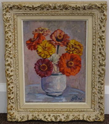 J. Rays (20thC). Floral still life, oil on board, initialled and dated 43(93), 31.5cm x 22.5cm. - 2