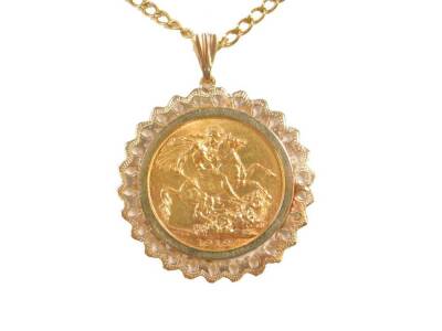 A George V gold sovereign 1913, in a 9ct gold pendant mount, on chain, with bolt ring clasp, 15.2g all in.