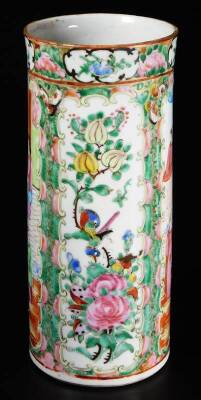 A 19thC Cantonese famille rose brush pot, the tapering cylindrical body set with panels of figures in an interior setting and further panels of birds and insects, predominately in pink, green and blue, 25.5cm H. - 4