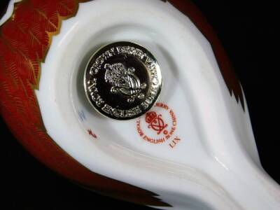 A Royal Crown Derby bird paperweight ornament, gilt stopper, printed marks beneath, 6cm H. - 3