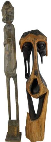 A 20thC African Tribal totem style figure, in standing pose, with elaborate features, on a block base, 104cm H, and a further tribal style mask. (2)