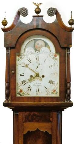 S.B Shaw Billingboro (sic), a 19thC oak and mahogany longcase clock, the swan neck pediment with brass finials and roundel's above turned pillars, the shaped door with molded pilasters on a plinth, the arched painted dial with moon phased floral spandrels