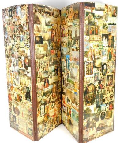 An early 20thC four fold scrap work screen, set with later scraps, faces, decoupage, etc. 177cm H.