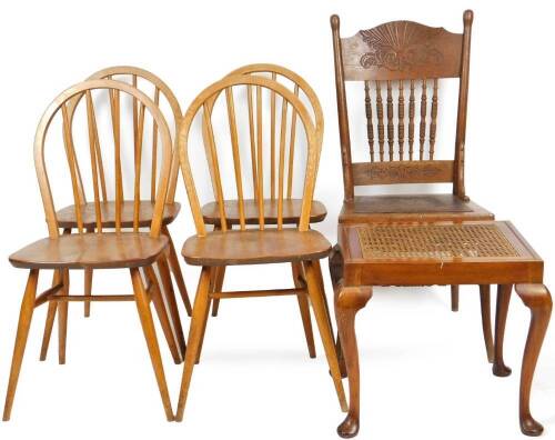 A set of four vintage Ercol light elm hoop back dining chairs, with stick backs, shaped seats and turned legs joined by H stretchers, 89cm H, a walnut bergere topped stool and an open chair. (6)