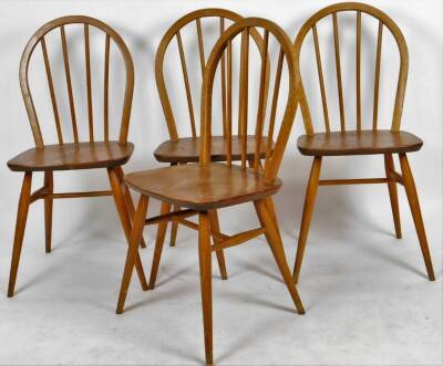 A set of four vintage Ercol light elm hoop back dining chairs, with stick backs, shaped seats and turned legs joined by H stretchers, 89cm H, a walnut bergere topped stool and an open chair. (6) - 2