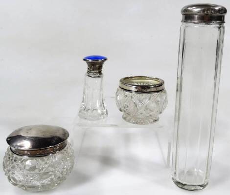 Various cut glass jars, with silver lids, another with enamel silver top of inverted form, powder jar with pierced lid, 17cm H, etc. (a quantity)