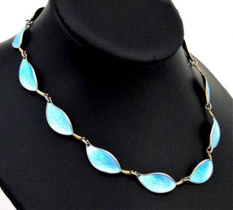 A Norwegian silver and enamel necklace, formed as blue leaves, 40cm L overall, marked D A Norway, 21.7g all in.