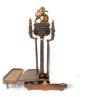 A set of Victorian cast iron Lion grocers scales, by Herbert & Sons, West Smithfield London, to weigh 20lbs, the scales with lion and shield surmount, cast iron and enamel trays, 67cm H.