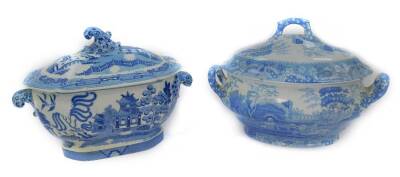 An early 19thC Spode blue and white soup tureen and cover, decorated in the tower pattern, of oval twin handled form, printed mark, 37cm W, together with a Brameld blue and white soup tureen and cover, transfer decorated in the Willow pattern, 38cm W. (2)