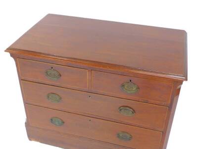 A George III mahogany chest, with boxwood line inlay, possibly the top of a chest on chest, with two short and two long drawers, raised on a plinth base, 79cm H, 102cm W, 56cm D. - 2