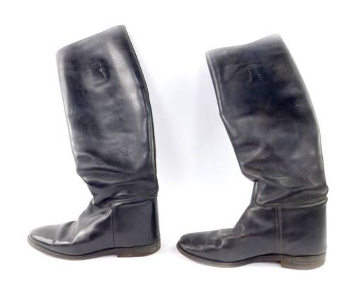 A pair of black leather riding boots, large fit size 10, with internal pulls and quartered heels.