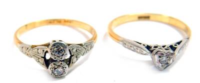 An 18ct gold and diamond two stone ring, illusion set, size O, and a further 18ct gold and diamond single stone ring, in a heart shaped illusion setting, size O, 4.0g.