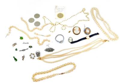 Costume jewellery, including a marcasite set clip, simulated pearls, cameo brooches, together with commemorative coins, and two lady's wristwatches. (qty)