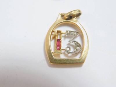 A ruby and diamond set No 13 pendant, set in Continental yellow metal, together with a Victorian amethyst brooch, set in yellow metal, 5.0g. (AF) - 2