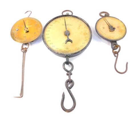 A Salters cast iron and brass spring balance scale, 300lb x 1lb, No 235, and two smaller spring balance scales, No 24T and No 28M. (3)