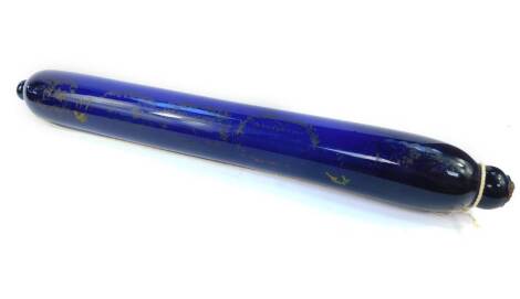 A Victorian Bristol blue glass over-sized rolling pin, with partial gilt and enamel decoration, and the legend forget-me-not, the script "The Lose Of Gold Is Great..", 70cm L.