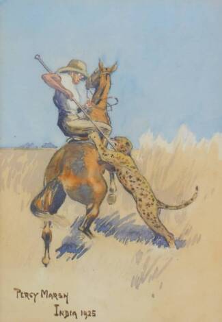 Percy William Marsh (British, early 20thC). A leopard and hunter fighting it out, watercolour, signed, dated India 1925, 25cm x 17.5cm.