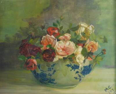 Mary Constable Baroness Segrave and Stourton (1870-1961). Bowl of Roses II, oil on canvas board, monogrammed, dated 1892, titled verso, 40cm H, 48.5cm W.