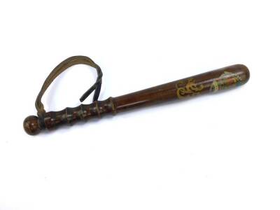 A turned oak police truncheon, bears GR Cipher and Crown, with leather strap, 39cm L.