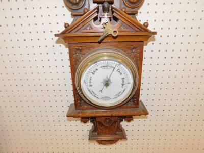 A Victorian oak cased clock and barometer, with thermometer, the case of carved classical architectural form, with key, 84cm H. - 2